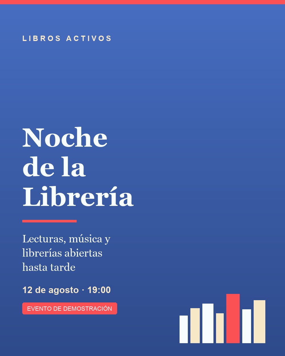 Placa del evento Noche de la Librería con la identidad visual de Libros Activos